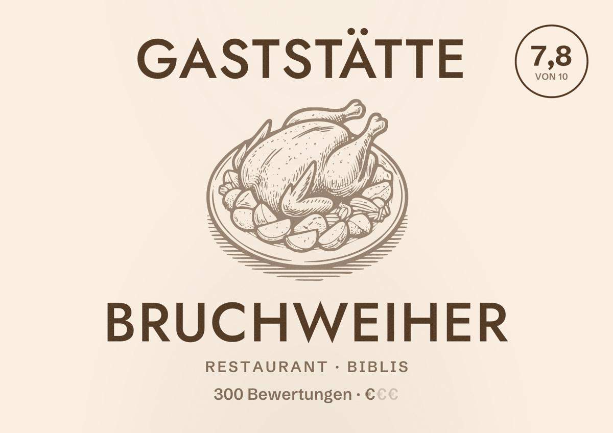 Illustriertes Poster von Gaststätte Bruchweiher, Restaurant in Biblis: Bewertung 7,8 von 10 aus 300 Bewertungen, Preisniveau €