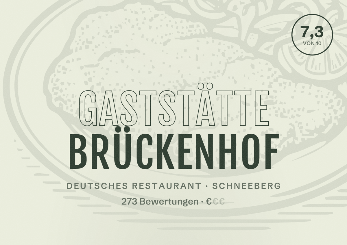 Illustriertes Poster von Gaststätte Brückenhof, Deutsches Restaurant in Schneeberg: Bewertung 7,3 von 10 aus 273 Bewertungen, Preisniveau €