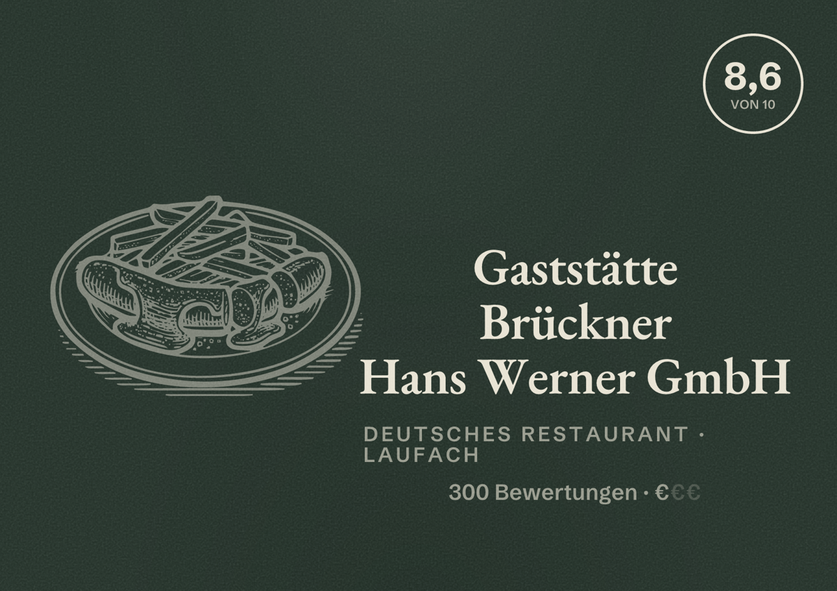 Illustriertes Poster von Gaststätte Brückner Hans Werner GmbH, Deutsches Restaurant in Laufach: Bewertung 8,6 von 10 aus 300 Bewertungen, Preisniveau €