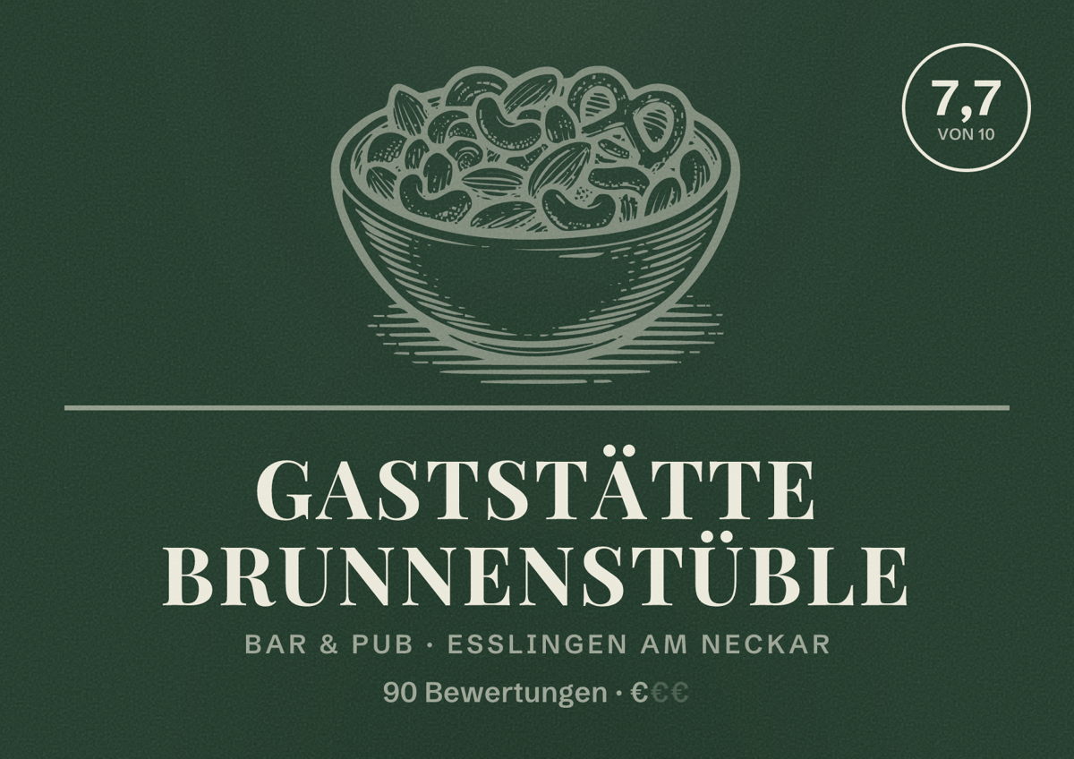 Illustriertes Poster von Gaststätte Brunnenstüble, Bar & Pub in Esslingen am Neckar: Bewertung 7,7 von 10 aus 90 Bewertungen, Preisniveau €
