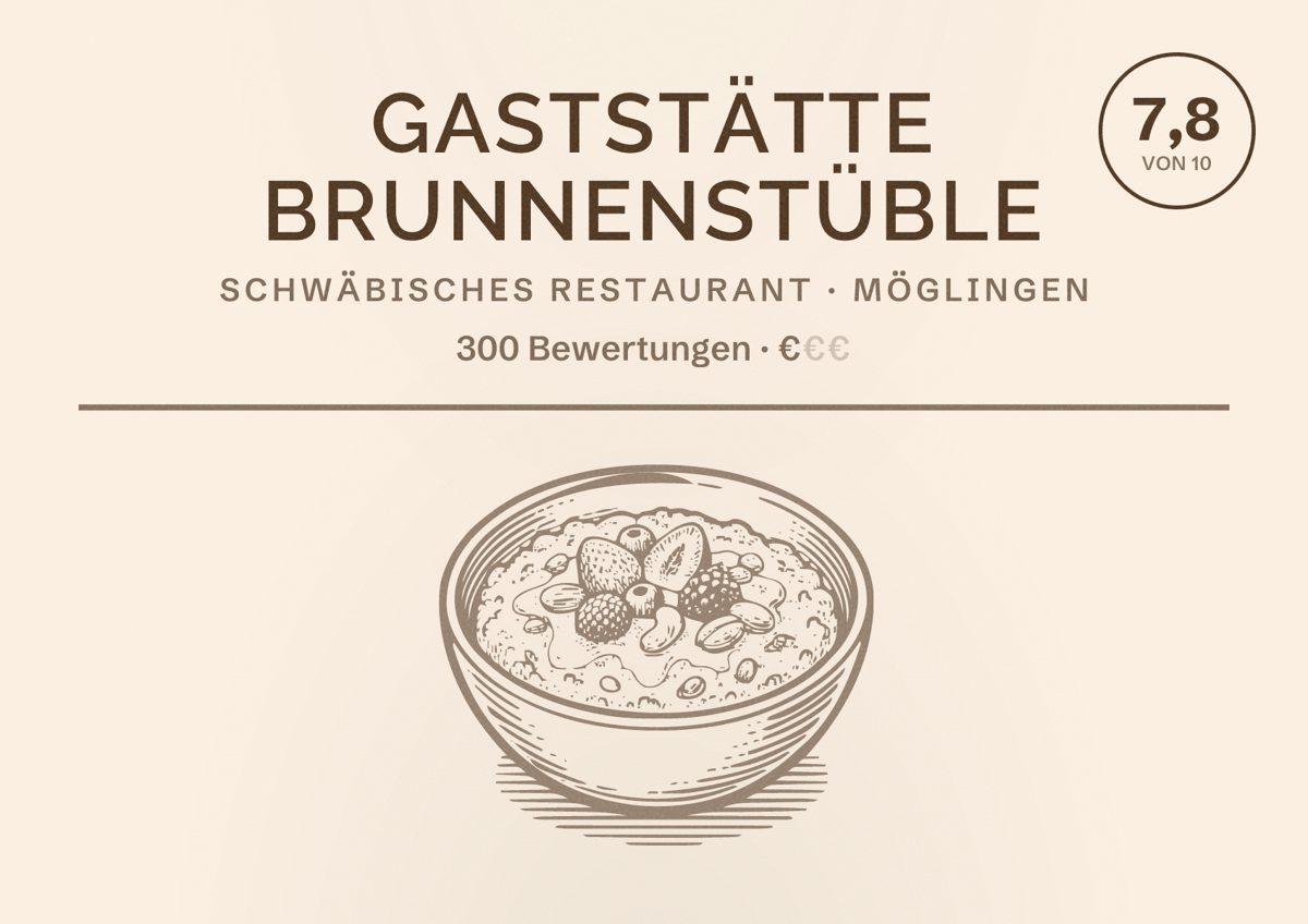 Illustriertes Poster von Gaststätte Brunnenstüble, Schwäbisches Restaurant in Möglingen: Bewertung 7,8 von 10 aus 300 Bewertungen, Preisniveau €