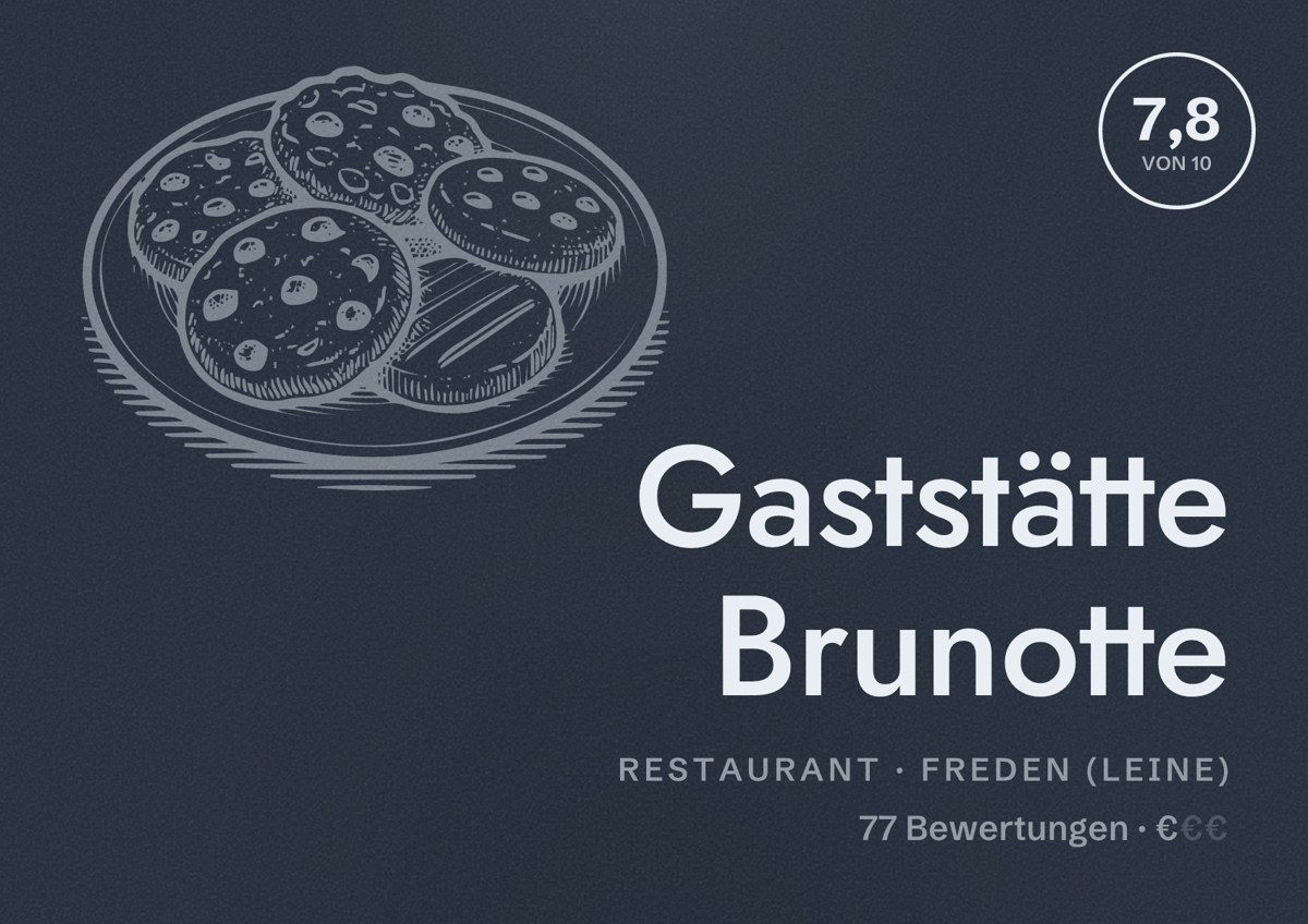 Illustriertes Poster von Gaststätte Brunotte, Restaurant in Freden (Leine): Bewertung 7,8 von 10 aus 77 Bewertungen, Preisniveau €