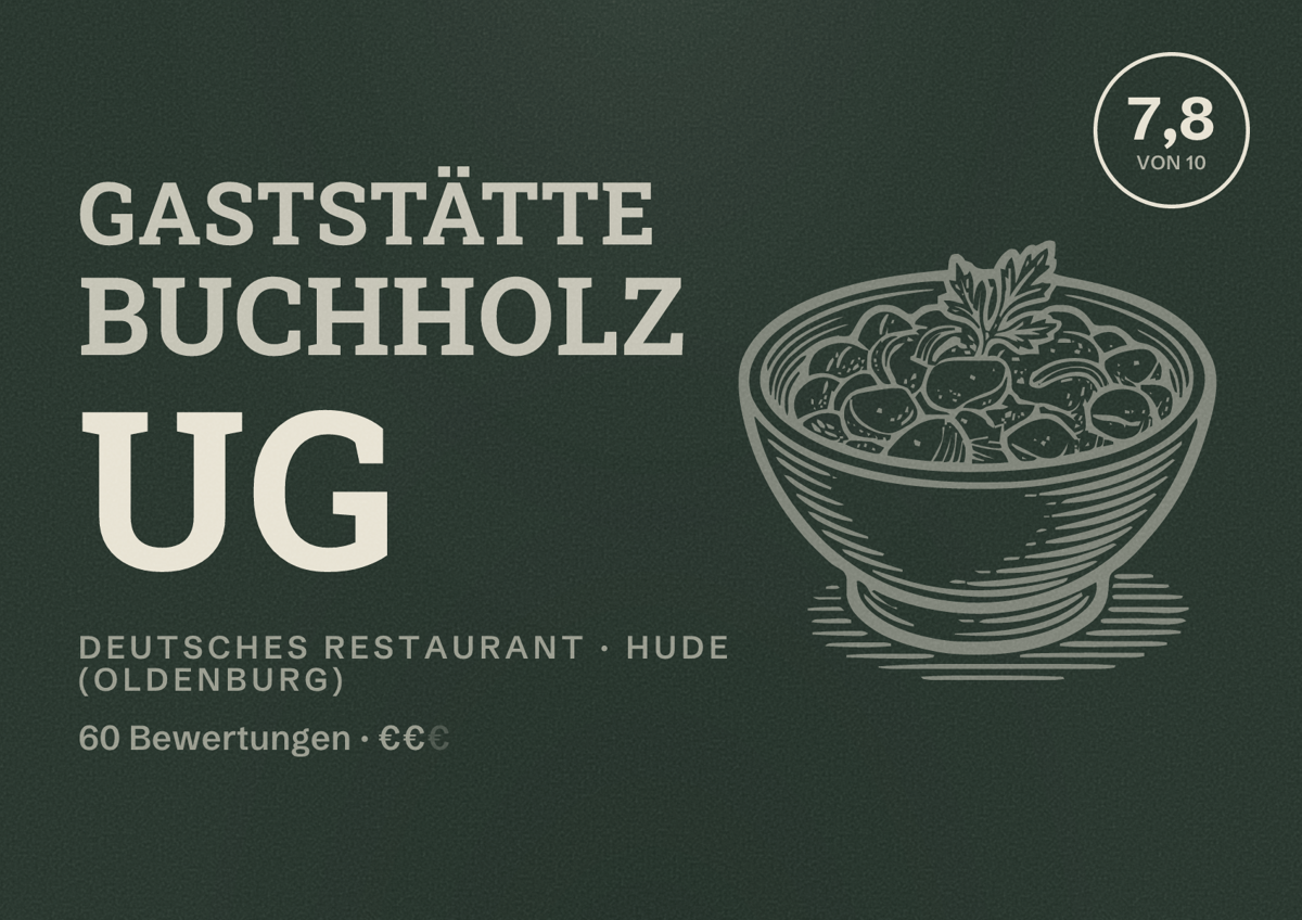 Illustriertes Poster von Gaststätte Buchholz UG, Deutsches Restaurant in Hude (Oldenburg): Bewertung 7,8 von 10 aus 60 Bewertungen, Preisniveau €€