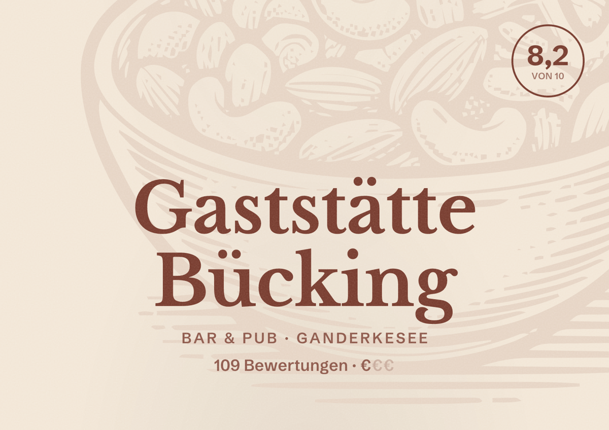 Illustriertes Poster von Gaststätte Bücking, Bar & Pub in Ganderkesee: Bewertung 8,2 von 10 aus 109 Bewertungen, Preisniveau €