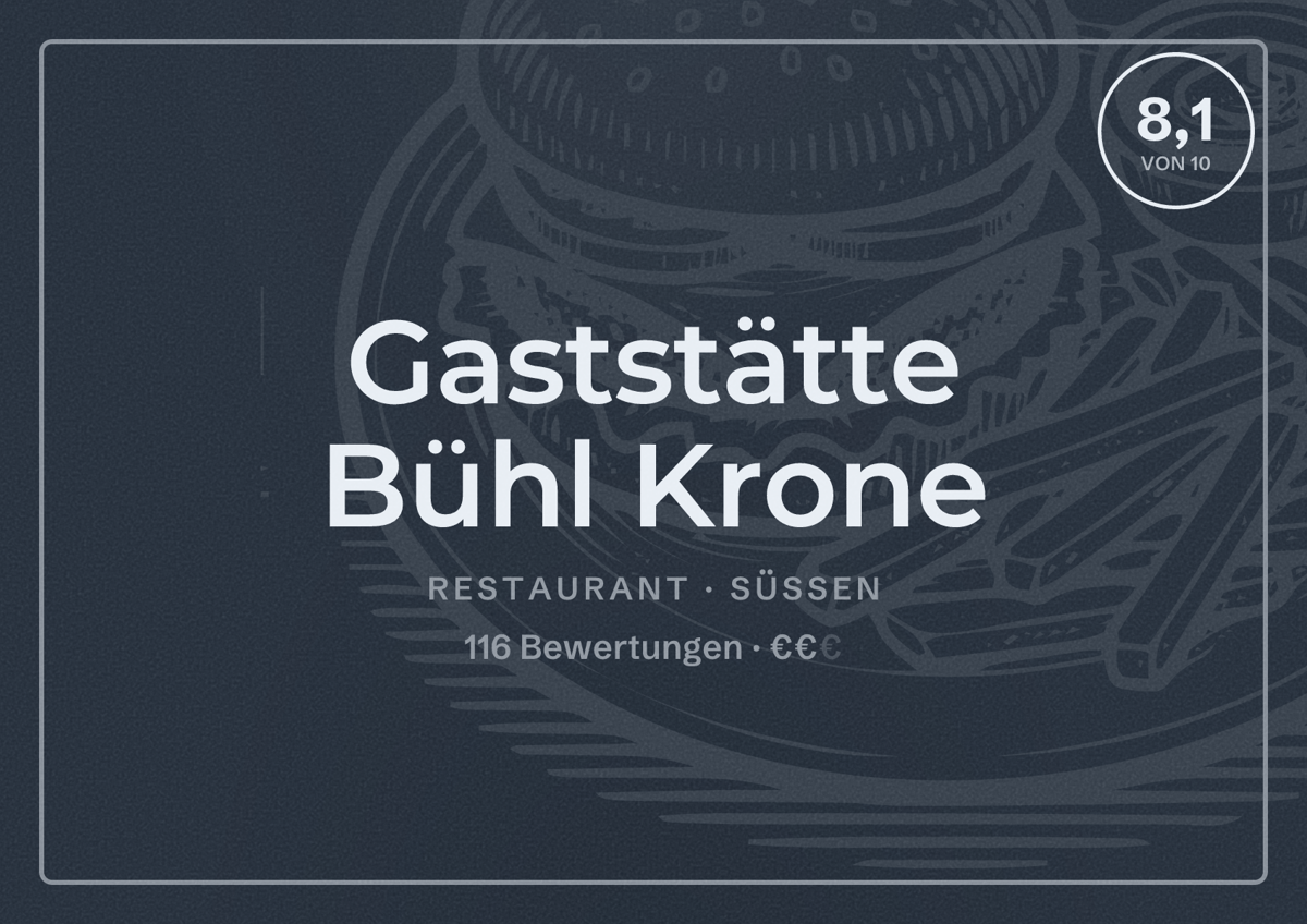 Illustriertes Poster von Gaststätte Bühl Krone, Restaurant in Süßen: Bewertung 8,1 von 10 aus 116 Bewertungen, Preisniveau €€