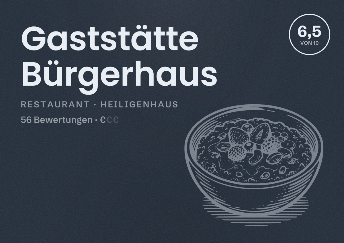 Illustriertes Poster von Gaststätte Bürgerhaus, Restaurant in Heiligenhaus: Bewertung 6,5 von 10 aus 56 Bewertungen, Preisniveau €