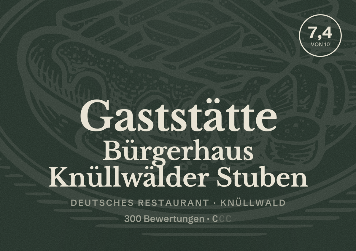 Illustriertes Poster von Gaststätte Bürgerhaus Knüllwälder Stuben, Deutsches Restaurant in Knüllwald: Bewertung 7,4 von 10 aus 300 Bewertungen, Preisniveau €
