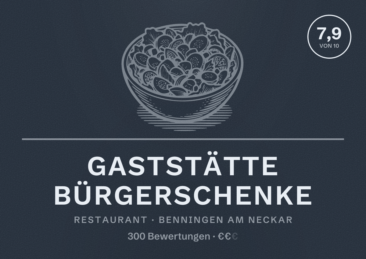 Illustriertes Poster von Gaststätte Bürgerschenke, Restaurant in Benningen am Neckar: Bewertung 7,9 von 10 aus 300 Bewertungen, Preisniveau €€