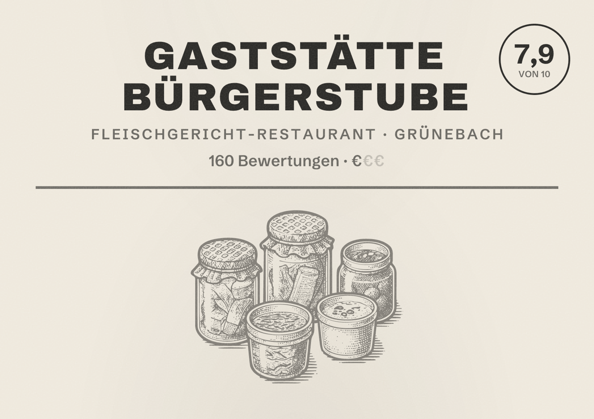 Illustriertes Poster von Gaststätte Bürgerstube, Fleischgericht-Restaurant in Grünebach: Bewertung 7,9 von 10 aus 160 Bewertungen, Preisniveau €