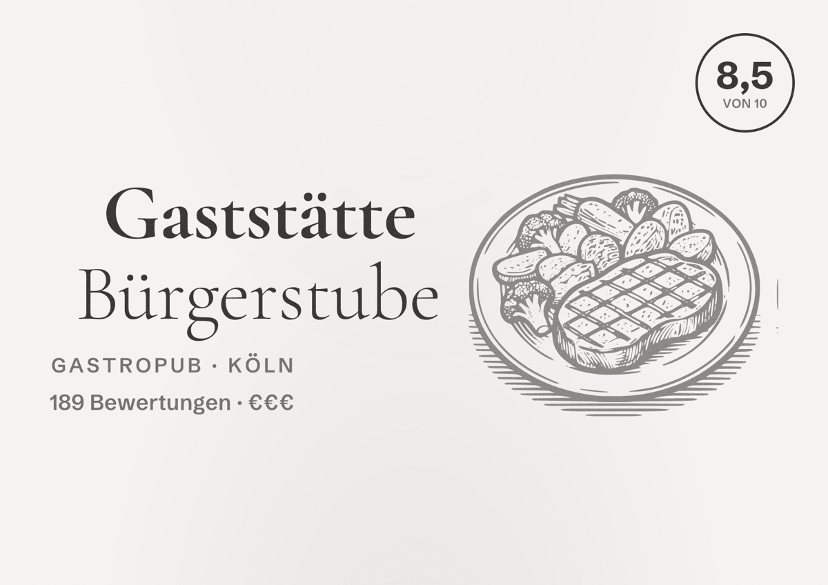 Illustriertes Poster von Gaststätte Bürgerstube, Gastropub in Köln: Bewertung 8,5 von 10 aus 189 Bewertungen, Preisniveau €€€