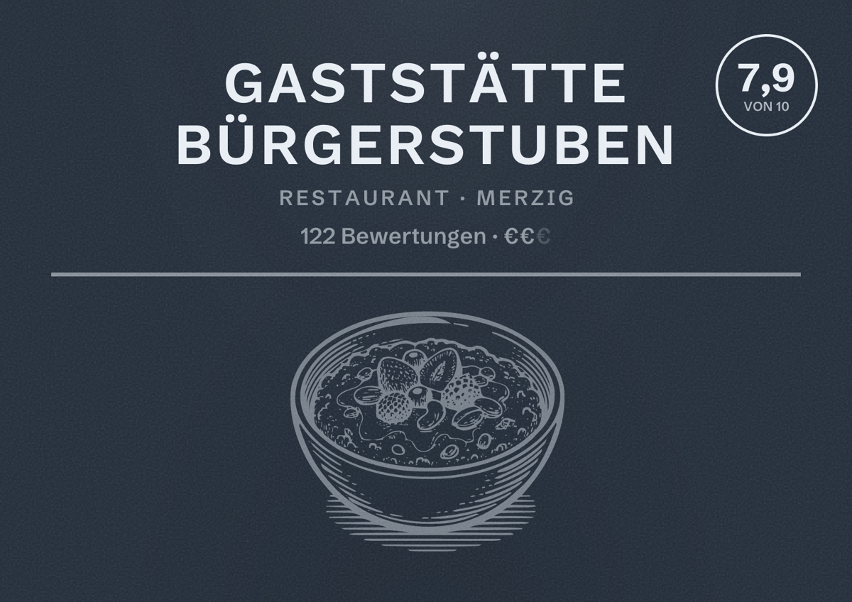 Illustriertes Poster von Gaststätte Bürgerstuben, Restaurant in Merzig: Bewertung 7,9 von 10 aus 122 Bewertungen, Preisniveau €€