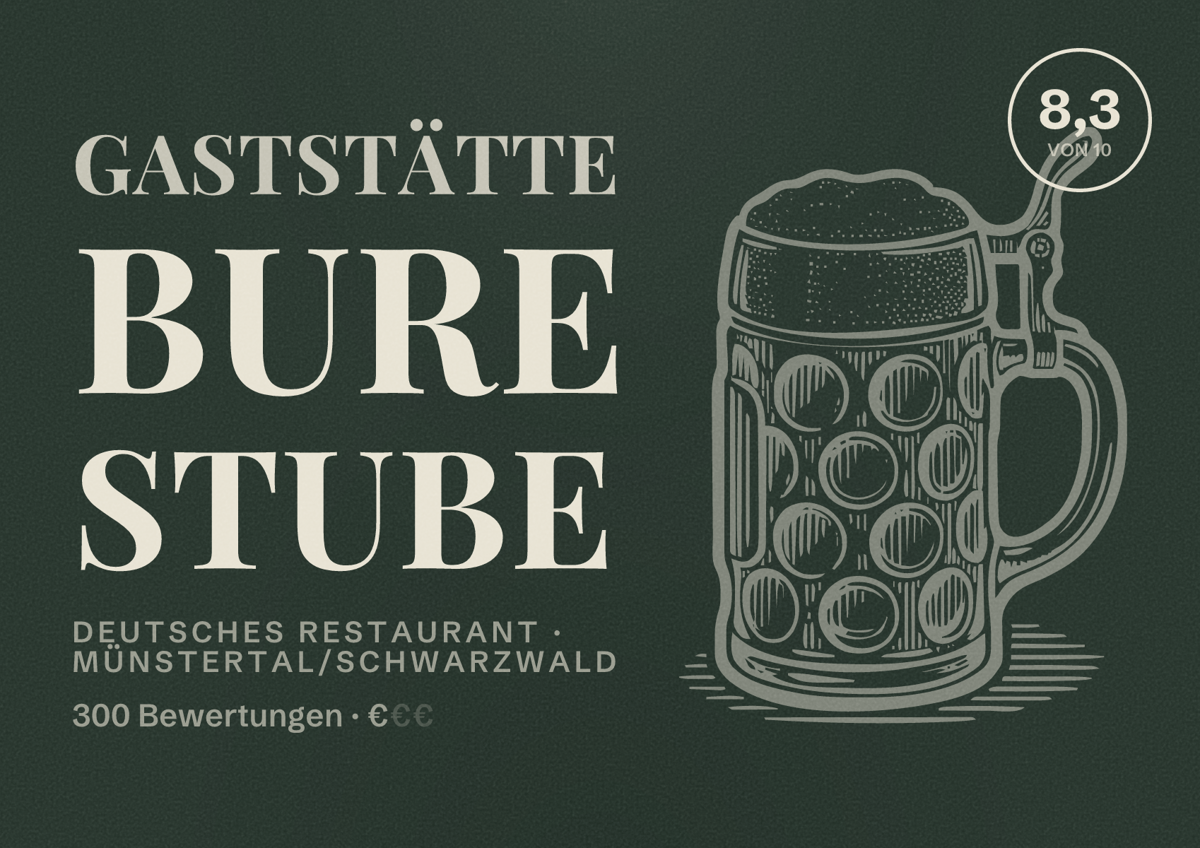 Illustriertes Poster von Gaststätte Bure Stube, Deutsches Restaurant in Münstertal/Schwarzwald: Bewertung 8,3 von 10 aus 300 Bewertungen, Preisniveau €