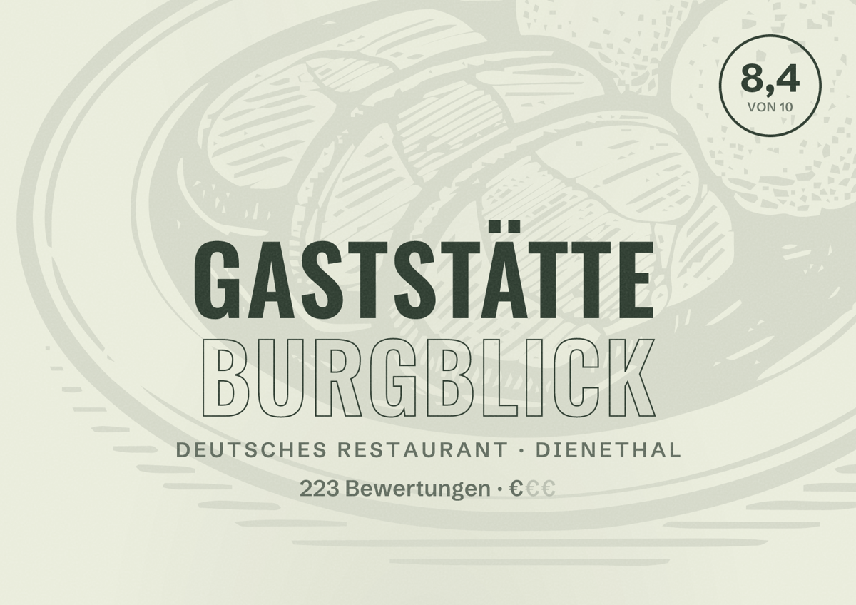 Illustriertes Poster von Gaststätte Burgblick, Deutsches Restaurant in Dienethal: Bewertung 8,4 von 10 aus 223 Bewertungen, Preisniveau €