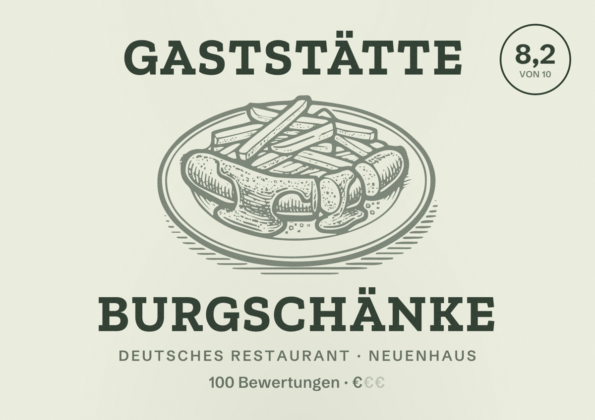 Illustriertes Poster von Gaststätte Burgschänke, Deutsches Restaurant in Neuenhaus: Bewertung 8,2 von 10 aus 100 Bewertungen, Preisniveau €