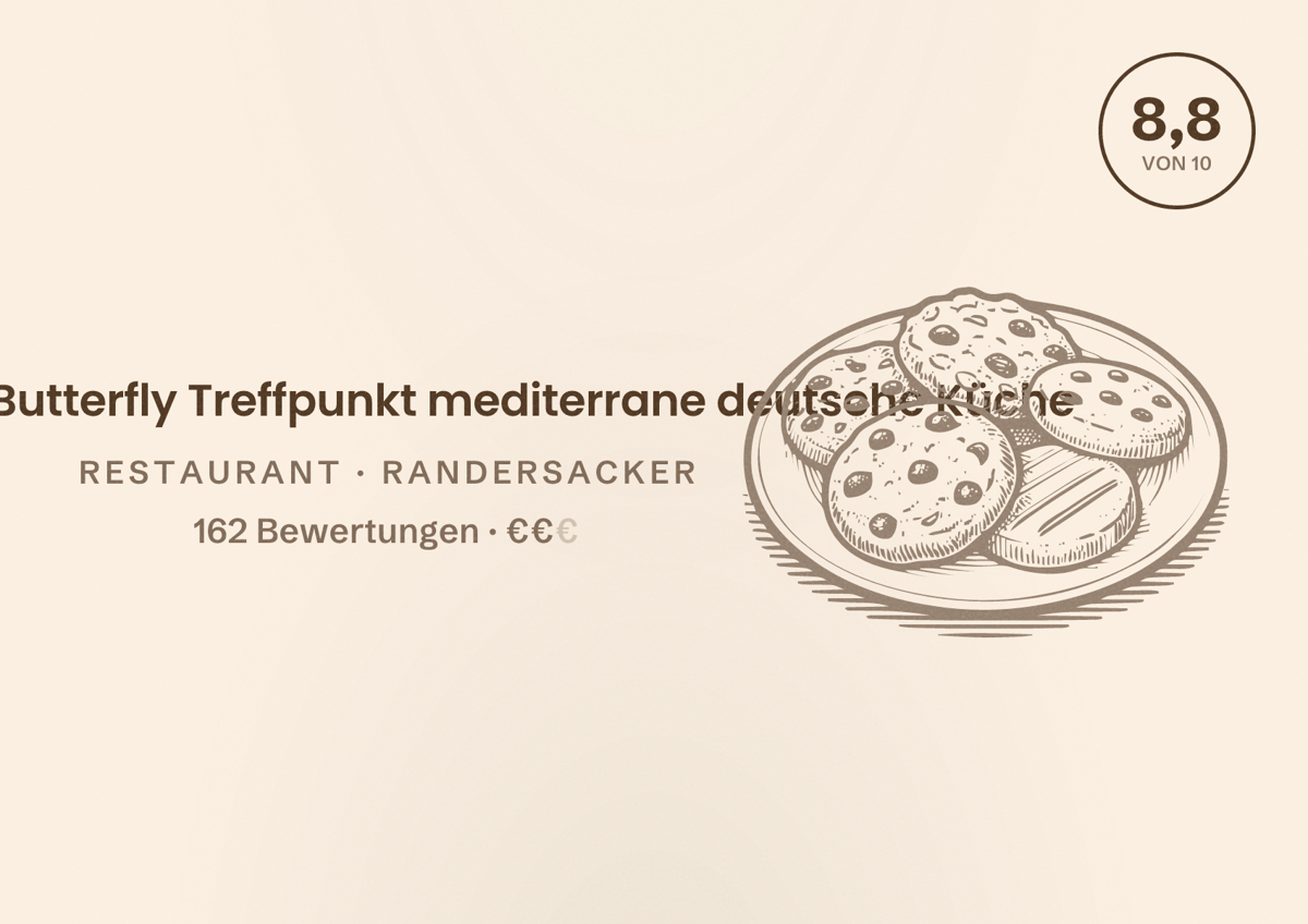 Illustriertes Poster von Gaststätte Butterfly Treffpunkt mediterrane deutsche Küche, Restaurant in Randersacker: Bewertung 8,8 von 10 aus 162 Bewertungen, Preisniveau €€