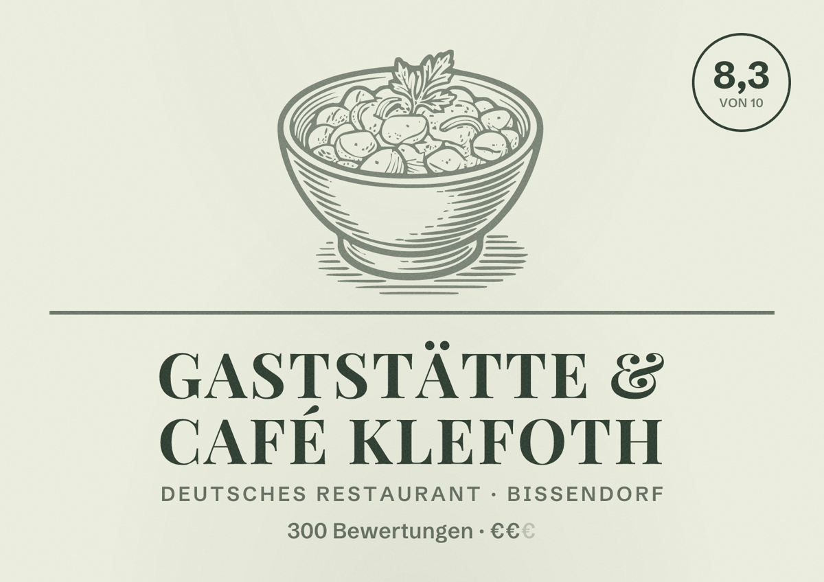 Illustriertes Poster von Gaststätte & Café Klefoth, Deutsches Restaurant in Bissendorf: Bewertung 8,3 von 10 aus 300 Bewertungen, Preisniveau €€