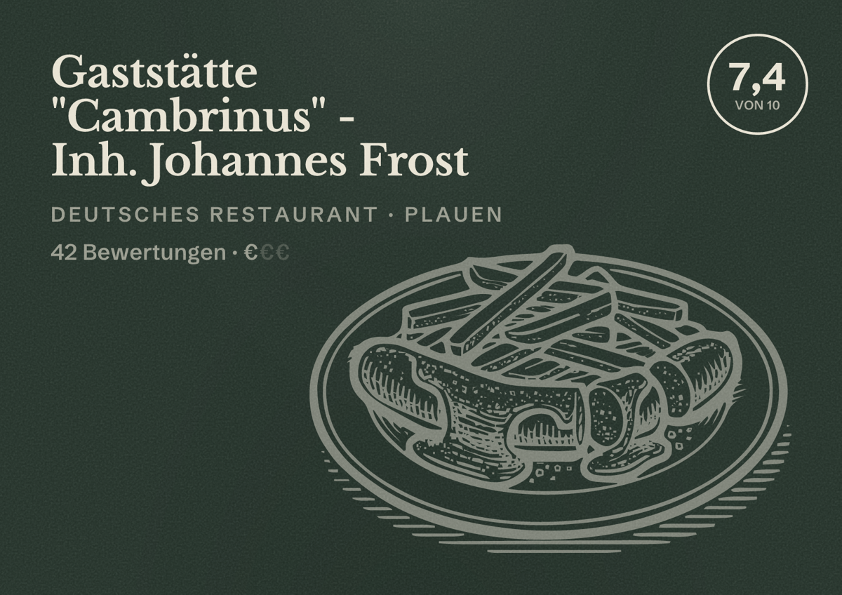 Illustriertes Poster von Gaststätte "Cambrinus" - Inh. Johannes Frost, Deutsches Restaurant in Plauen: Bewertung 7,4 von 10 aus 42 Bewertungen, Preisniveau €