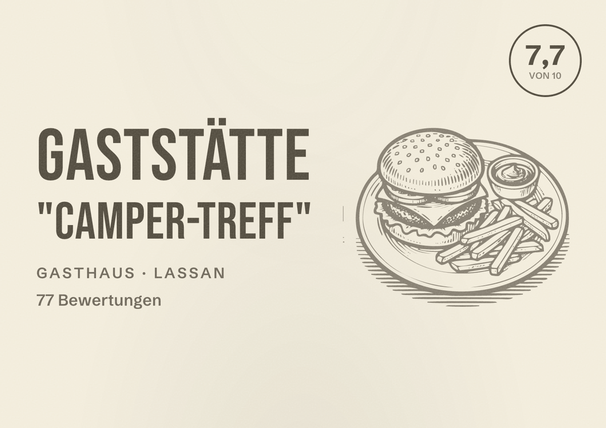 Illustriertes Poster von Gaststätte "Camper-Treff", Gasthaus in Lassan: Bewertung 7,7 von 10 aus 77 Bewertungen
