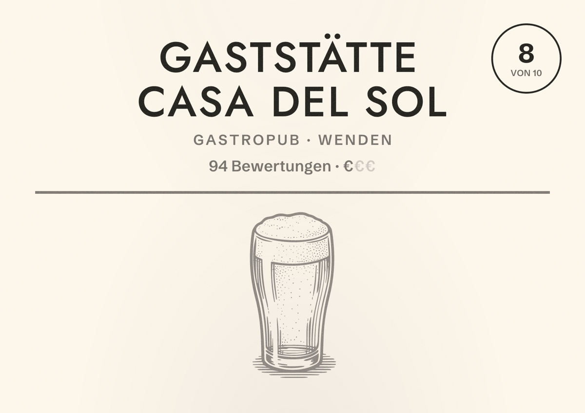 Illustriertes Poster von Gaststätte Casa del Sol, Gastropub in Wenden: Bewertung 8 von 10 aus 94 Bewertungen, Preisniveau €