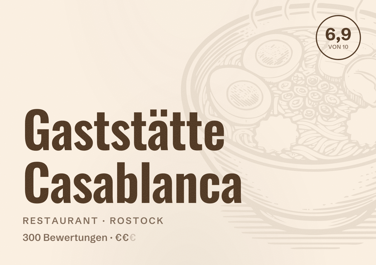 Illustriertes Poster von Gaststätte Casablanca, Restaurant in Rostock: Bewertung 6,9 von 10 aus 300 Bewertungen, Preisniveau €€