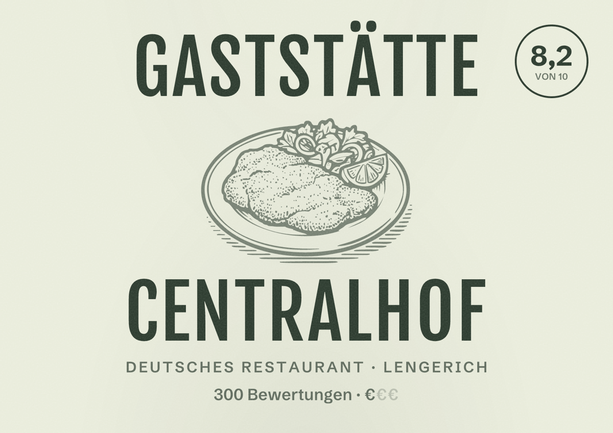 Illustriertes Poster von Gaststätte Centralhof, Deutsches Restaurant in Lengerich: Bewertung 8,2 von 10 aus 300 Bewertungen, Preisniveau €