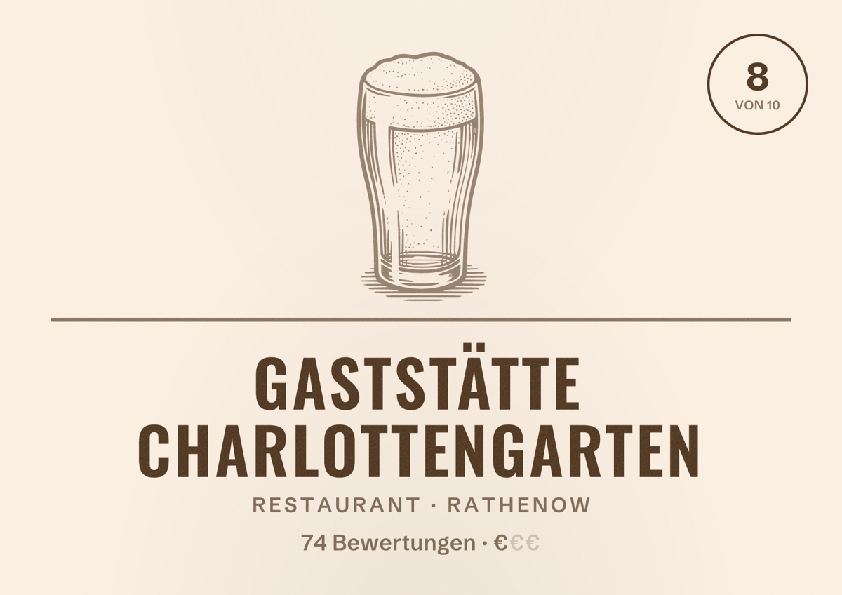 Illustriertes Poster von Gaststätte Charlottengarten, Restaurant in Rathenow: Bewertung 8 von 10 aus 74 Bewertungen, Preisniveau €