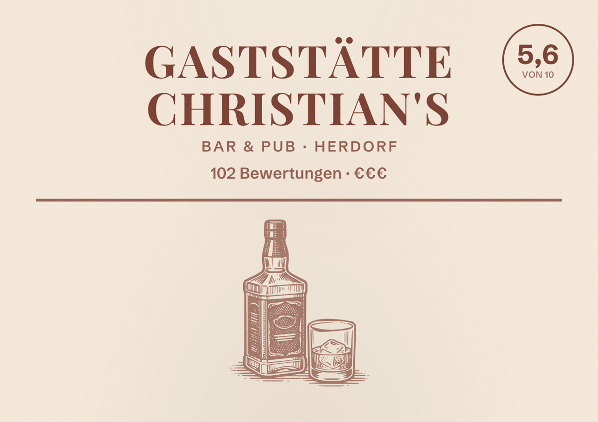 Illustriertes Poster von Gaststätte Christian's, Bar & Pub in Herdorf: Bewertung 5,6 von 10 aus 102 Bewertungen, Preisniveau €€€