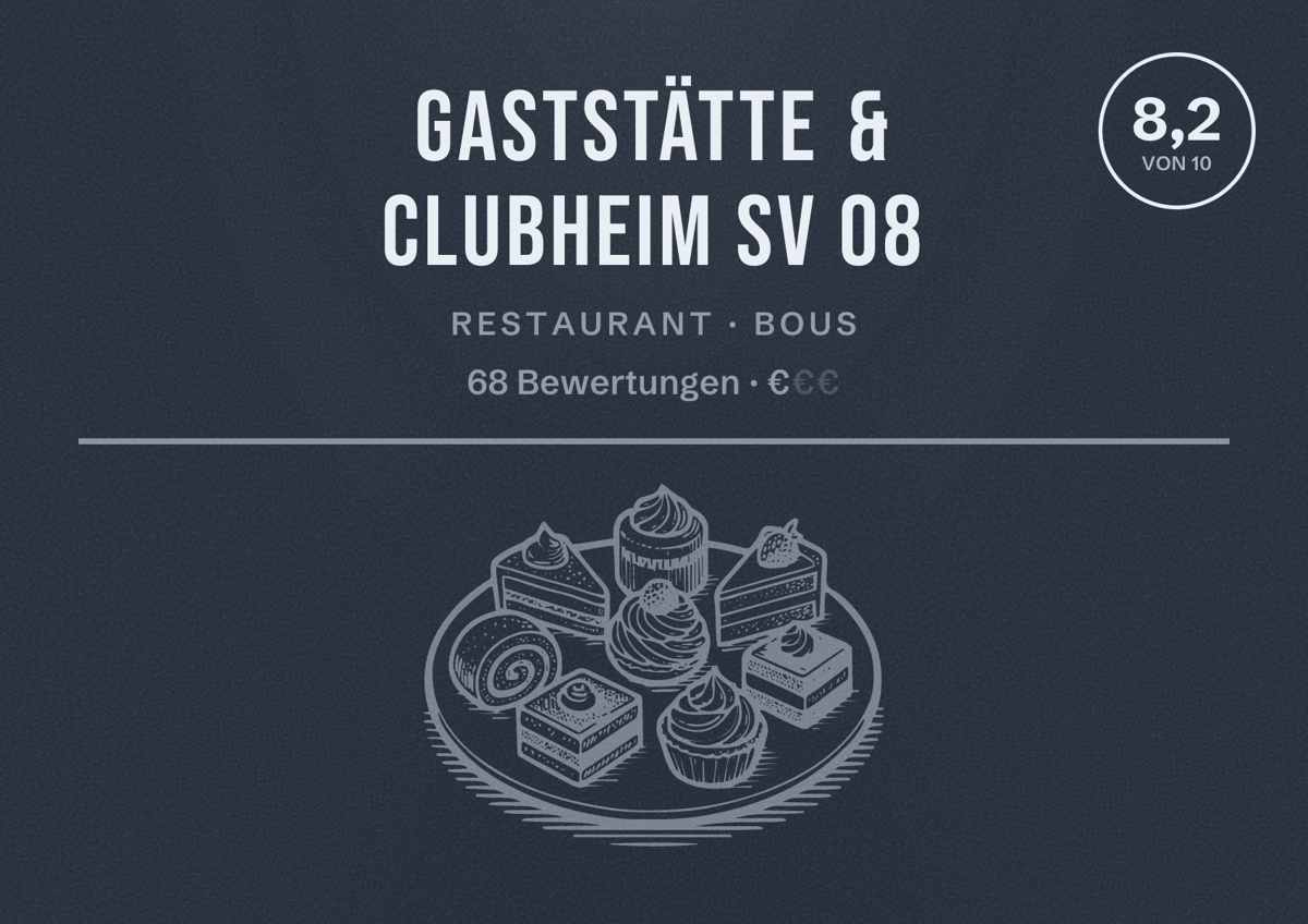 Illustriertes Poster von Gaststätte & Clubheim SV 08, Restaurant in Bous: Bewertung 8,2 von 10 aus 68 Bewertungen, Preisniveau €