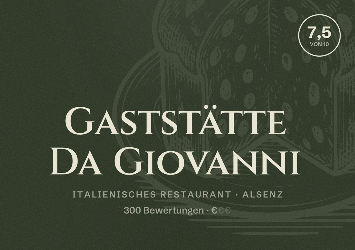 Illustriertes Poster von Gaststätte Da Giovanni, Italienisches Restaurant in Alsenz: Bewertung 7,5 von 10 aus 300 Bewertungen, Preisniveau €