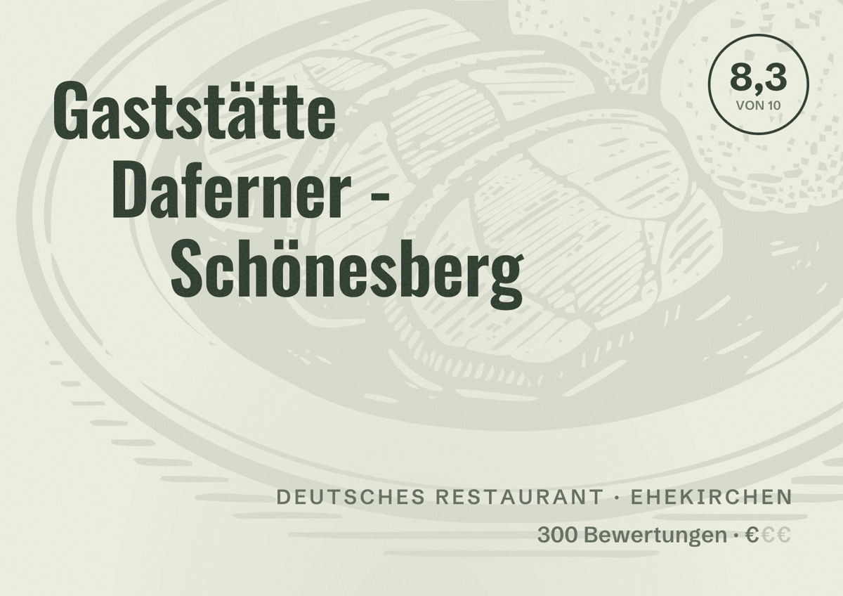 Illustriertes Poster von Gaststätte Daferner - Schönesberg, Deutsches Restaurant in Ehekirchen: Bewertung 8,3 von 10 aus 300 Bewertungen, Preisniveau €