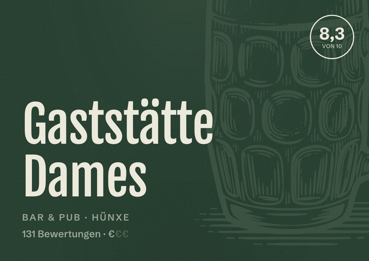 Illustriertes Poster von Gaststätte Dames, Bar & Pub in Hünxe: Bewertung 8,3 von 10 aus 131 Bewertungen, Preisniveau €