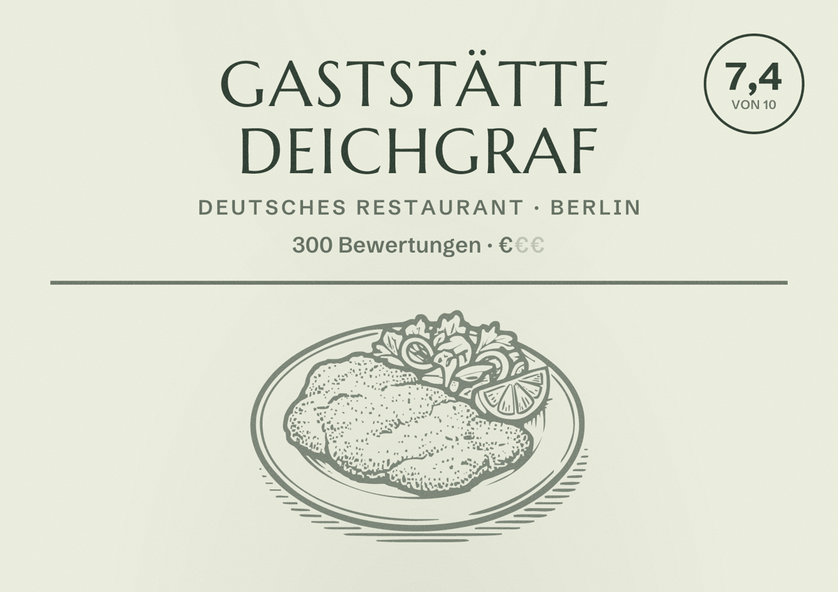 Illustriertes Poster von Gaststätte Deichgraf, Deutsches Restaurant in Berlin: Bewertung 7,4 von 10 aus 300 Bewertungen, Preisniveau €