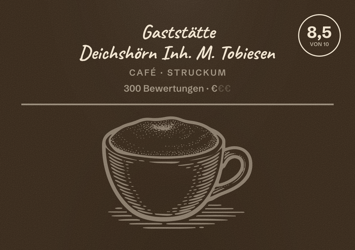 Illustriertes Poster von Gaststätte Deichshörn Inh. M. Tobiesen, Café in Struckum: Bewertung 8,5 von 10 aus 300 Bewertungen, Preisniveau €