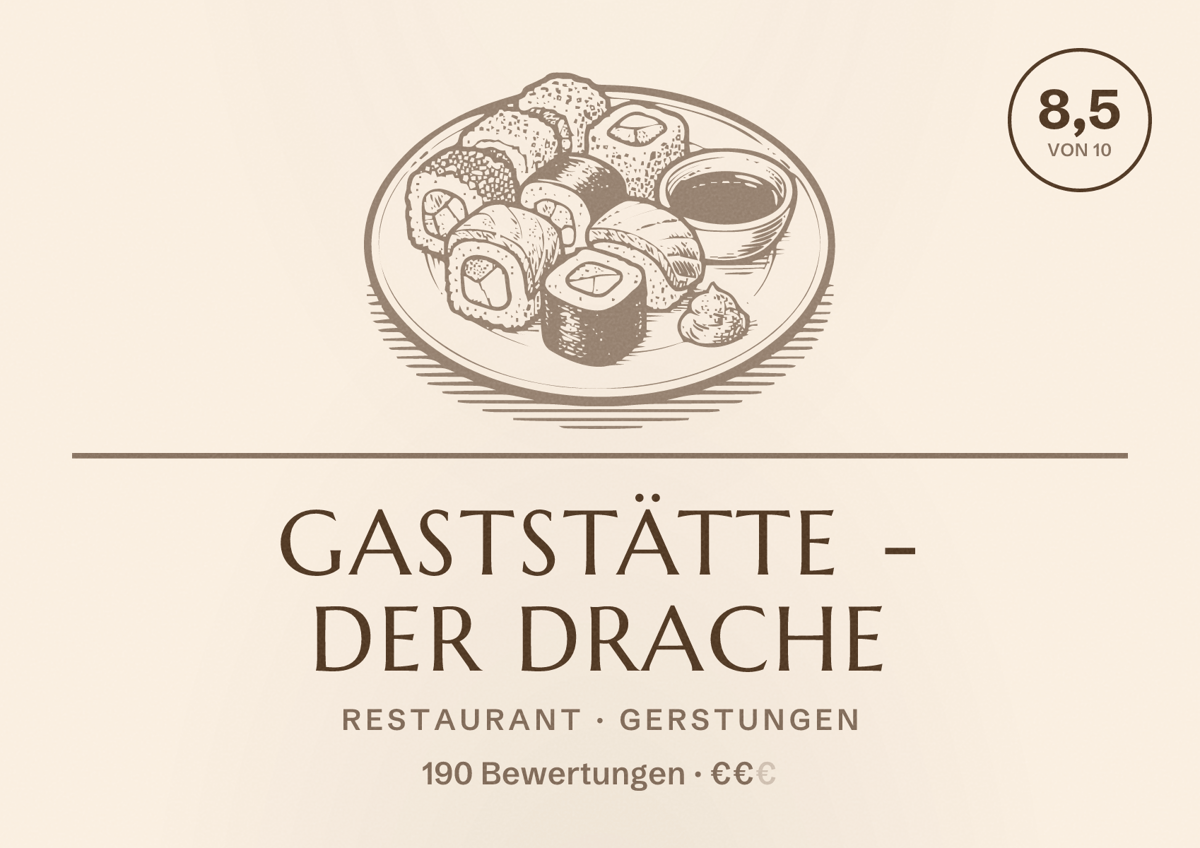 Illustriertes Poster von Gaststätte - Der Drache, Restaurant in Gerstungen: Bewertung 8,5 von 10 aus 190 Bewertungen, Preisniveau €€