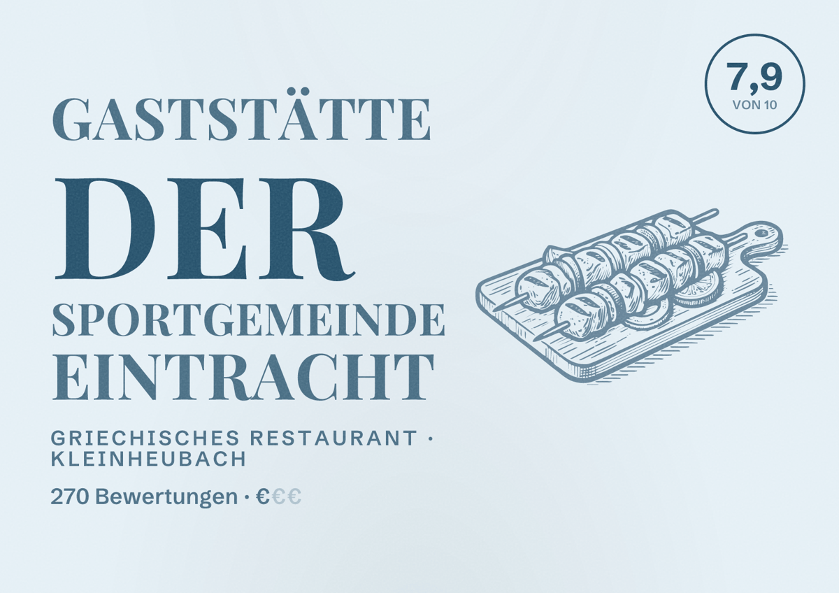Illustriertes Poster von Gaststätte der Sportgemeinde Eintracht, Griechisches Restaurant in Kleinheubach: Bewertung 7,9 von 10 aus 270 Bewertungen, Preisniveau €