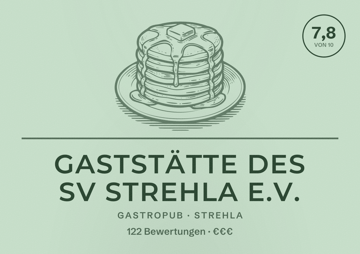 Illustriertes Poster von Gaststätte des SV Strehla e.V., Gastropub in Strehla: Bewertung 7,8 von 10 aus 122 Bewertungen, Preisniveau €€€