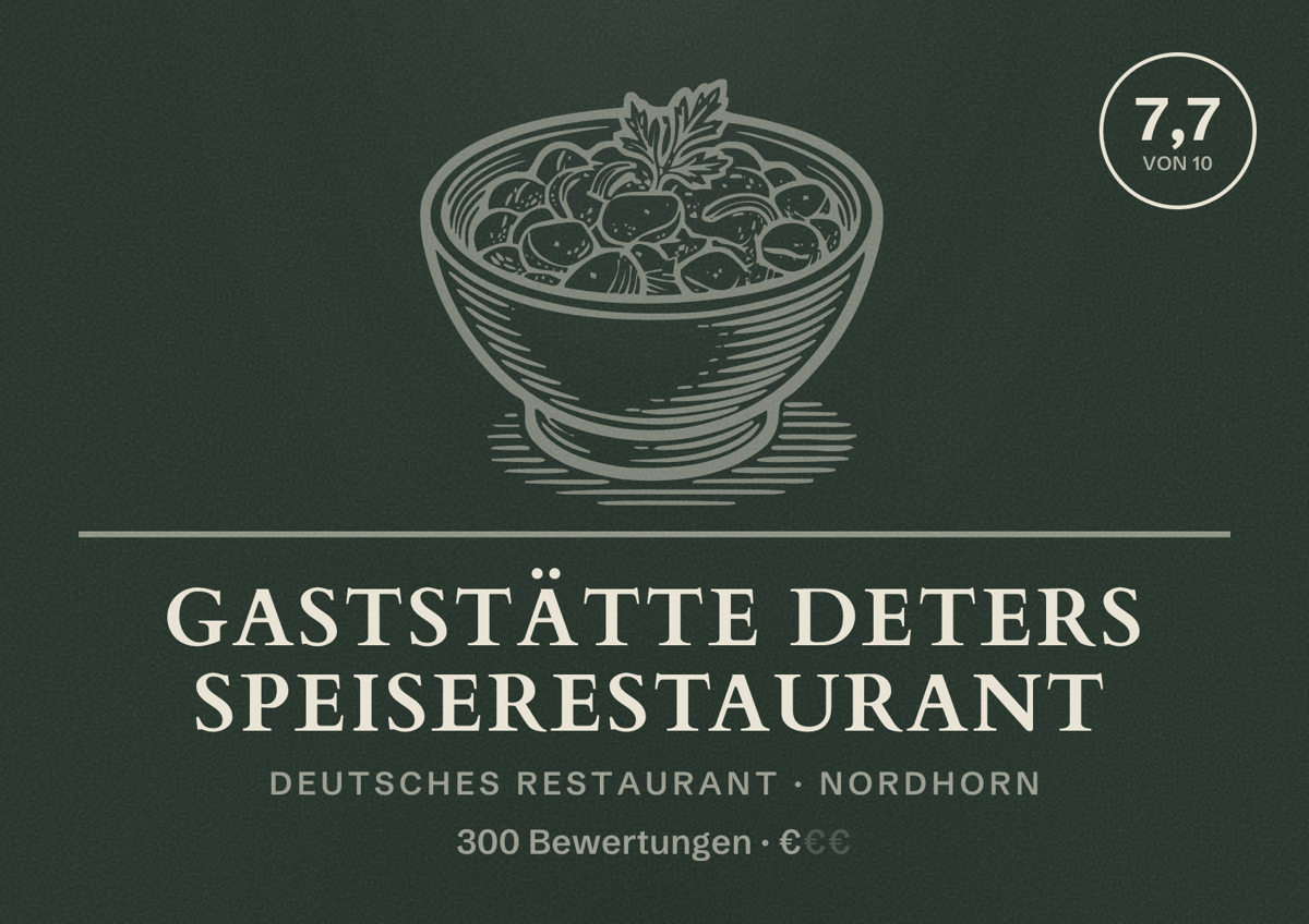 Illustriertes Poster von Gaststätte Deters Speiserestaurant, Deutsches Restaurant in Nordhorn: Bewertung 7,7 von 10 aus 300 Bewertungen, Preisniveau €