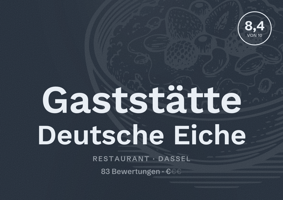 Illustriertes Poster von Gaststätte Deutsche Eiche, Restaurant in Dassel: Bewertung 8,4 von 10 aus 83 Bewertungen, Preisniveau €