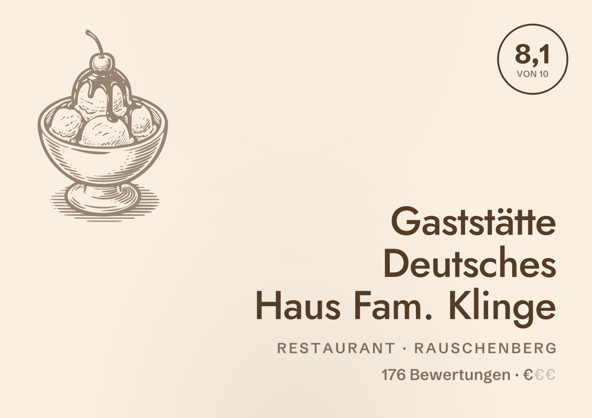 Illustriertes Poster von Gaststätte Deutsches Haus Fam. Klinge, Restaurant in Rauschenberg: Bewertung 8,1 von 10 aus 176 Bewertungen, Preisniveau €