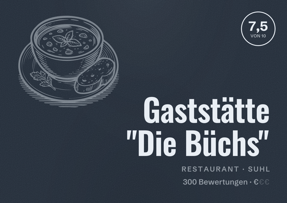 Illustriertes Poster von Gaststätte "Die Büchs", Restaurant in Suhl: Bewertung 7,5 von 10 aus 300 Bewertungen, Preisniveau €