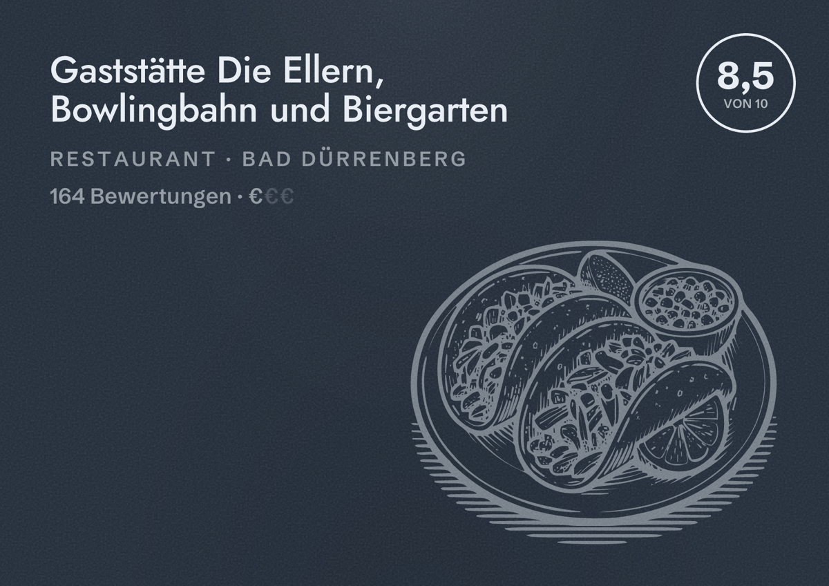 Illustriertes Poster von Gaststätte Die Ellern, Bowlingbahn und Biergarten, Restaurant in Bad Dürrenberg: Bewertung 8,5 von 10 aus 164 Bewertungen, Preisniveau €