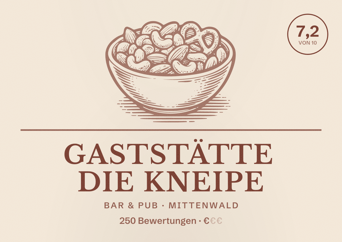 Illustriertes Poster von Gaststätte Die Kneipe, Bar & Pub in Mittenwald: Bewertung 7,2 von 10 aus 250 Bewertungen, Preisniveau €