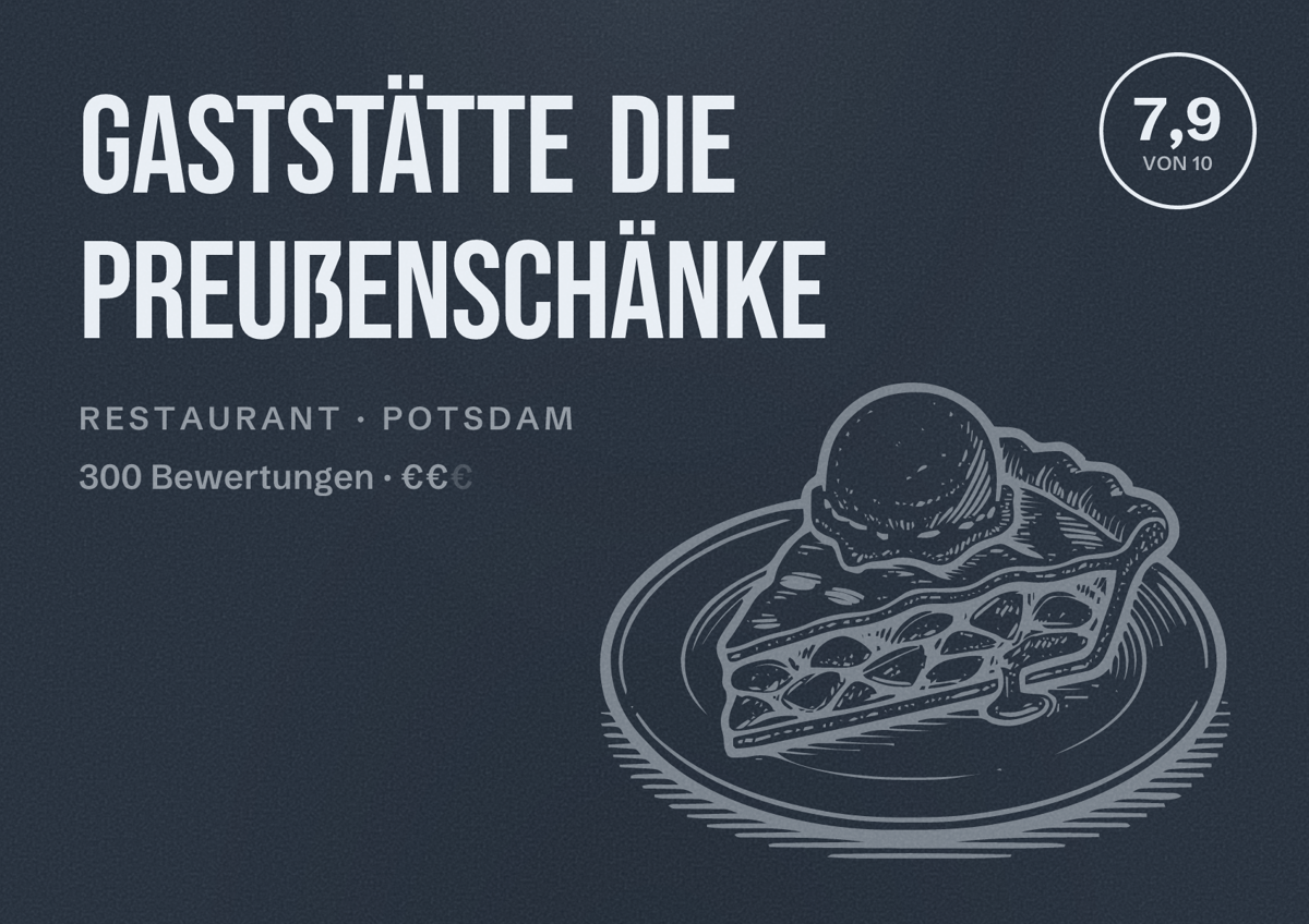 Illustriertes Poster von Gaststätte Die Preußenschänke, Restaurant in Potsdam: Bewertung 7,9 von 10 aus 300 Bewertungen, Preisniveau €€