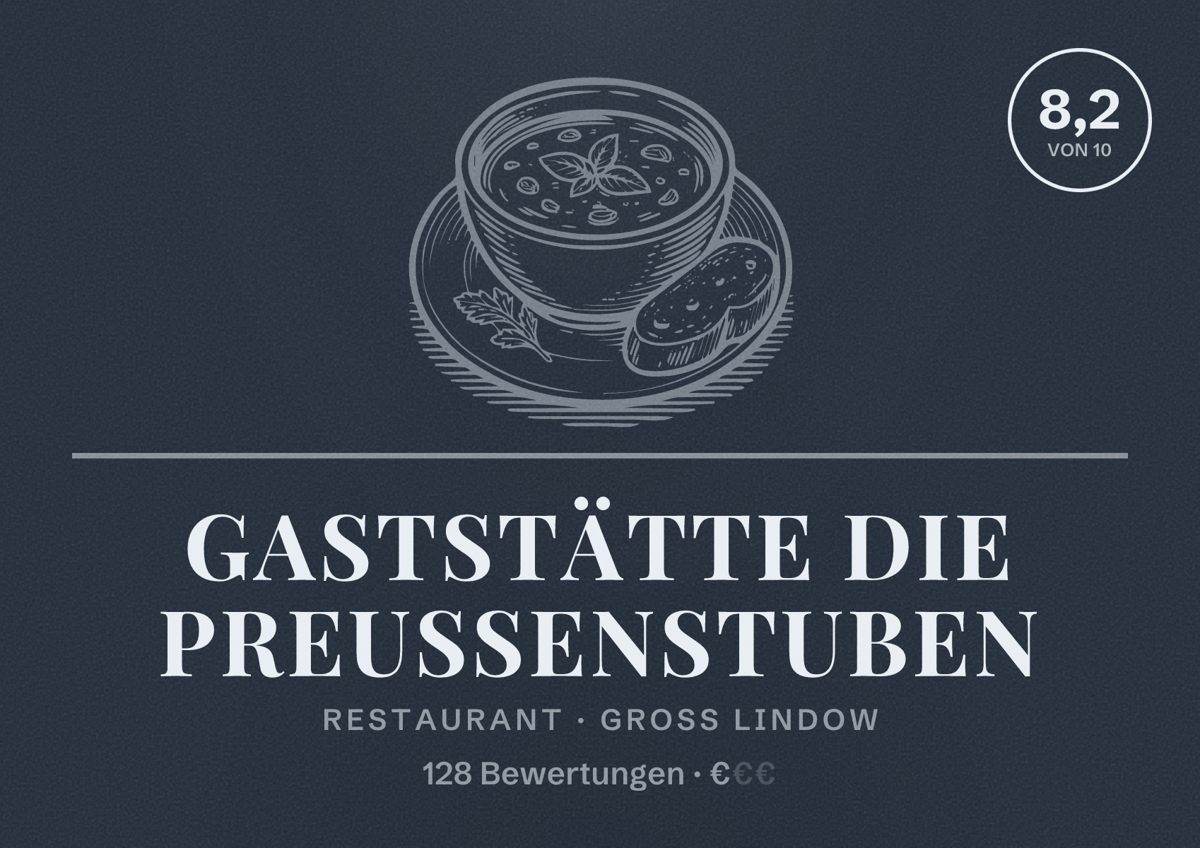 Illustriertes Poster von Gaststätte Die Preussenstuben, Restaurant in Groß Lindow: Bewertung 8,2 von 10 aus 128 Bewertungen, Preisniveau €