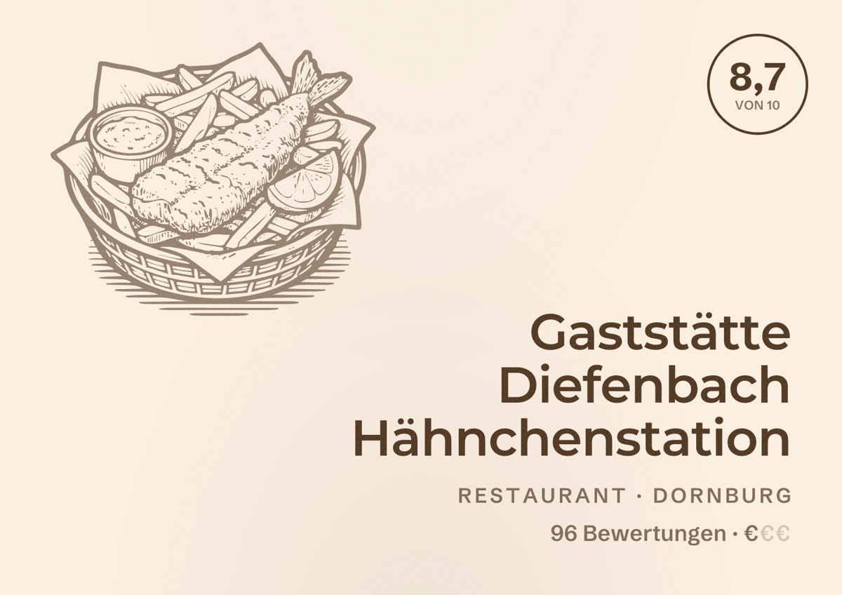 Illustriertes Poster von Gaststätte Diefenbach Hähnchenstation, Restaurant in Dornburg: Bewertung 8,7 von 10 aus 96 Bewertungen, Preisniveau €