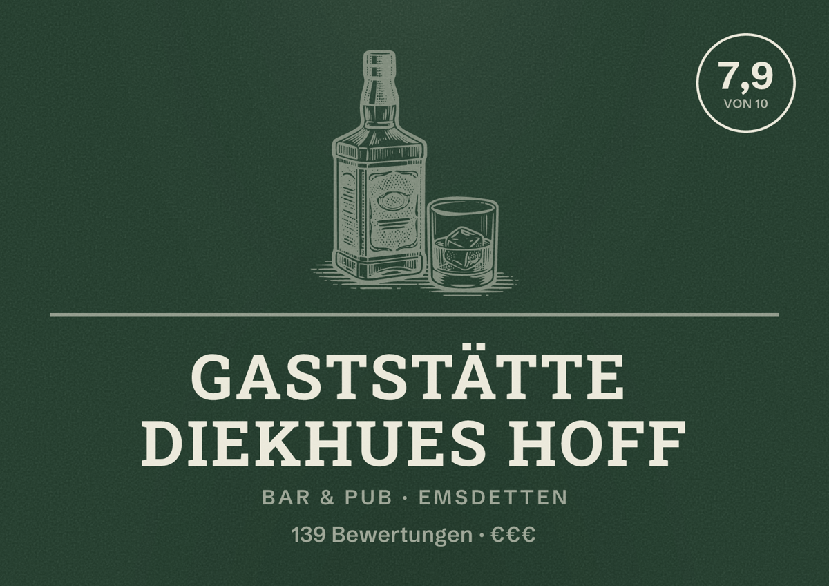 Illustriertes Poster von Gaststätte Diekhues Hoff, Bar & Pub in Emsdetten: Bewertung 7,9 von 10 aus 139 Bewertungen, Preisniveau €€€