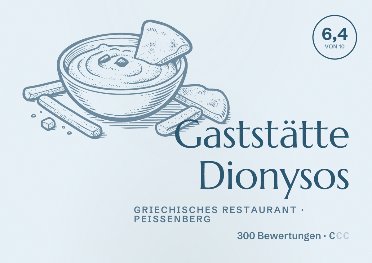 Illustriertes Poster von Gaststätte Dionysos, Griechisches Restaurant in Peißenberg: Bewertung 6,4 von 10 aus 300 Bewertungen, Preisniveau €