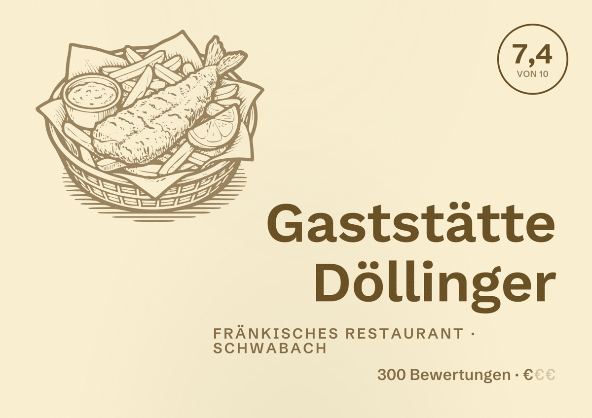 Illustriertes Poster von Gaststätte Döllinger, Fränkisches Restaurant in Schwabach: Bewertung 7,4 von 10 aus 300 Bewertungen, Preisniveau €