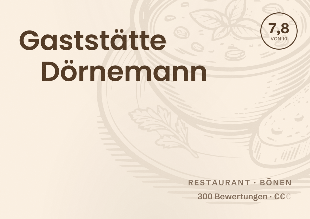 Illustriertes Poster von Gaststätte Dörnemann, Restaurant in Bönen: Bewertung 7,8 von 10 aus 300 Bewertungen, Preisniveau €€