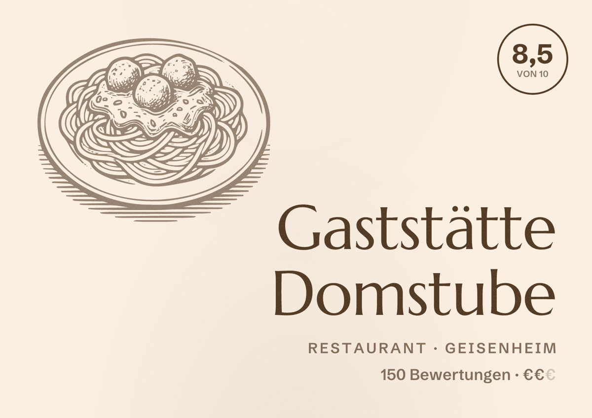 Illustriertes Poster von Gaststätte Domstube, Restaurant in Geisenheim: Bewertung 8,5 von 10 aus 150 Bewertungen, Preisniveau €€